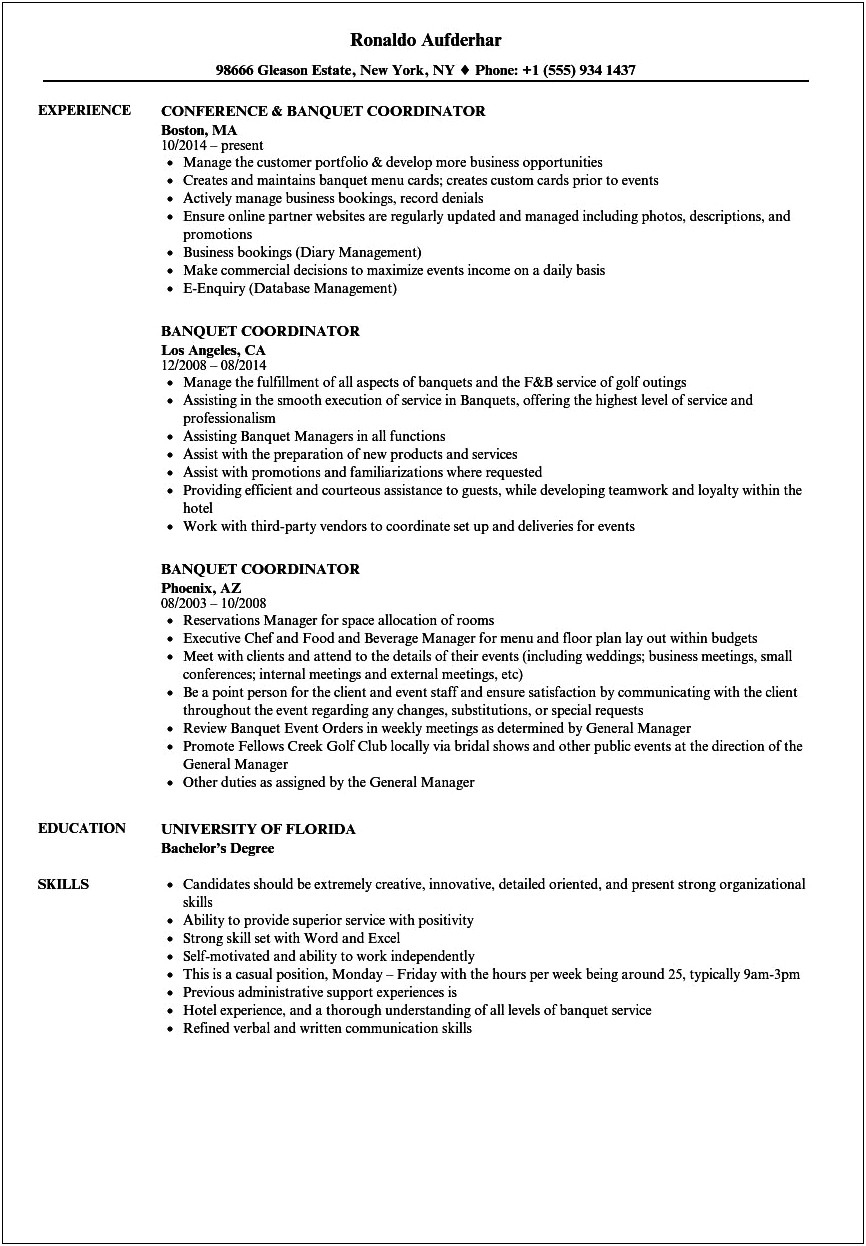 Sample Resume For Banquet Manager