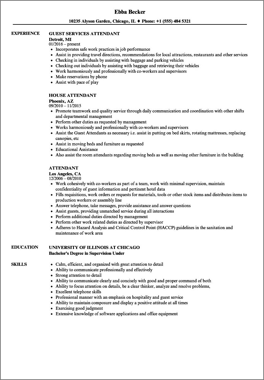 Sample Resume For Bell Attendant