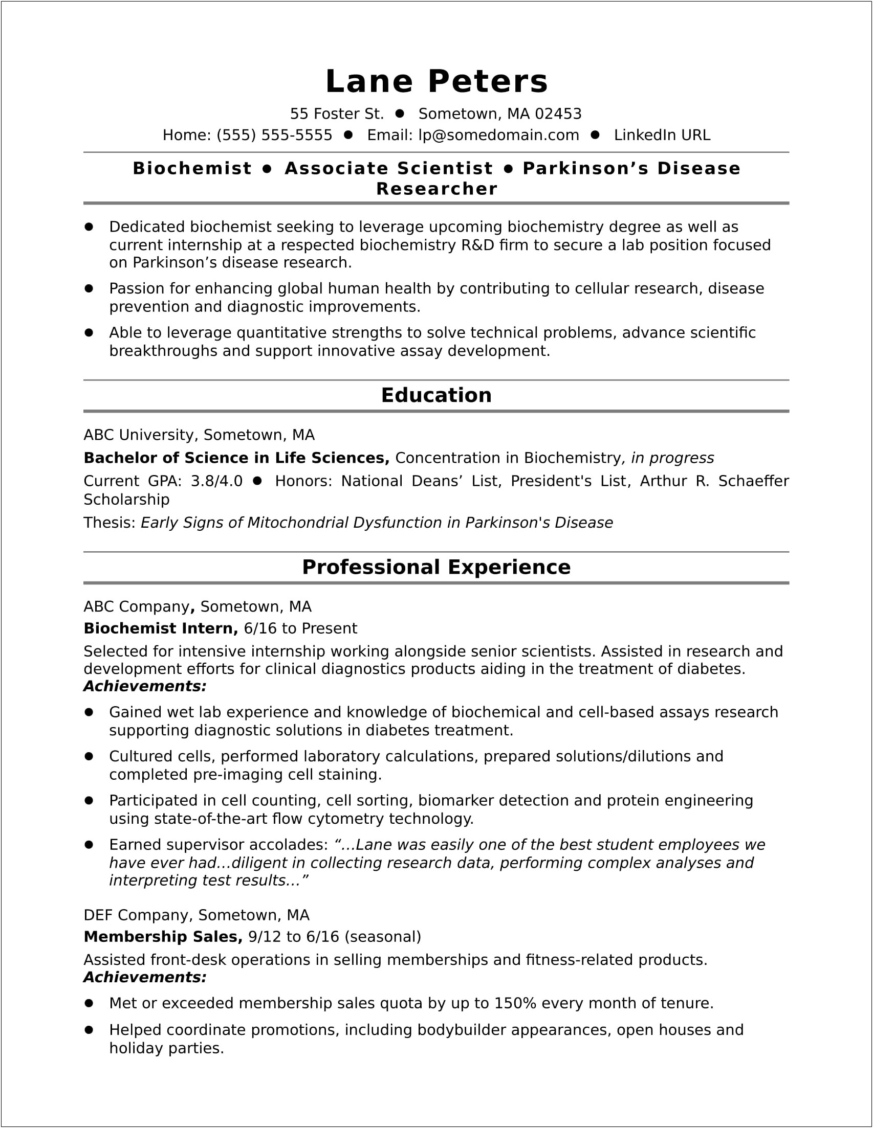 Sample Resume For Biochemistry Major