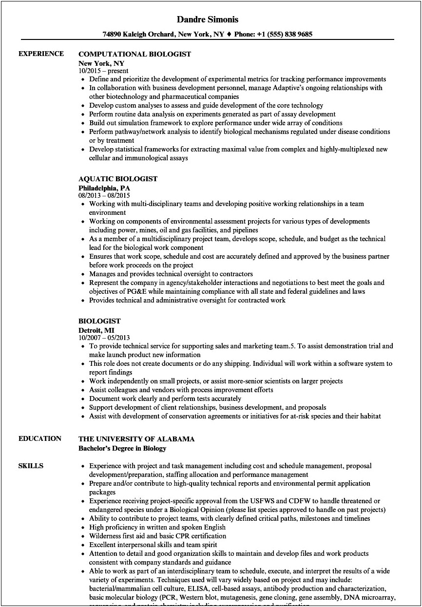Sample Resume For Biology Research