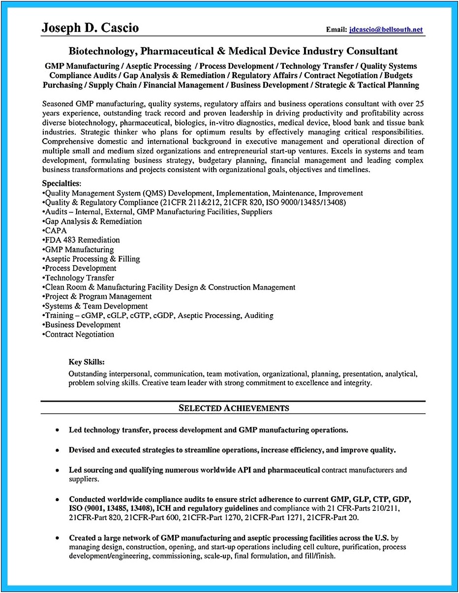 Sample Resume For Biotech Industry