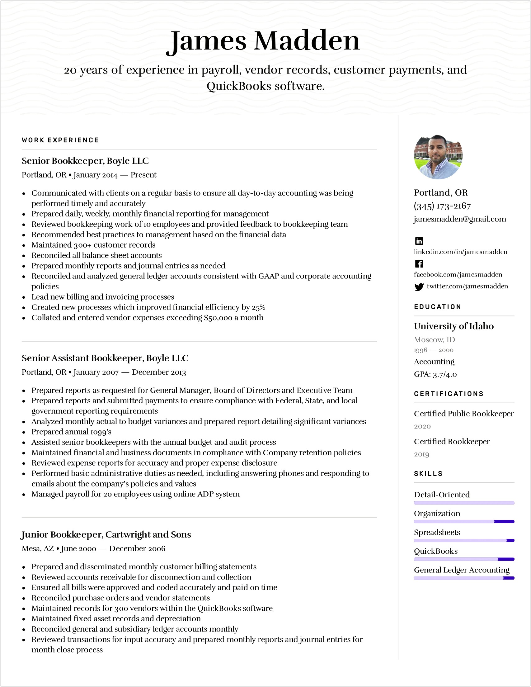Sample Resume For Bookkeeper Accountant