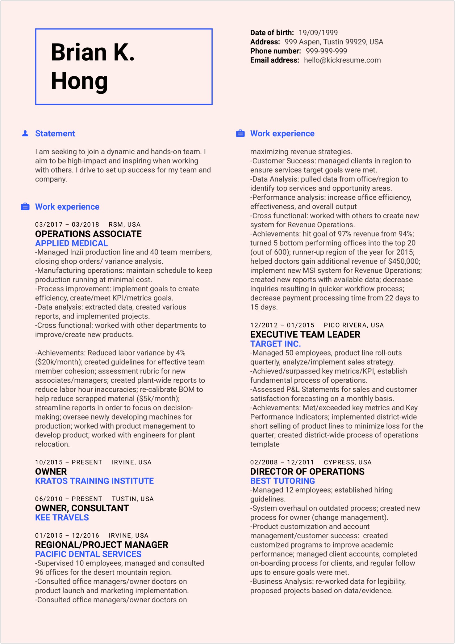 Sample Resume For Buiness Owners