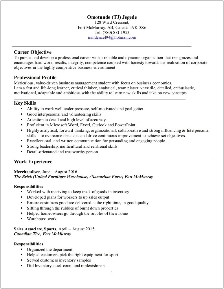 Sample Resume For Canadian Tire