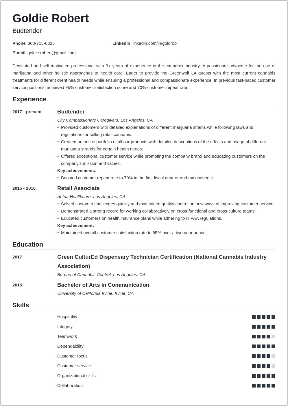 Sample Resume For Cannabis Industry