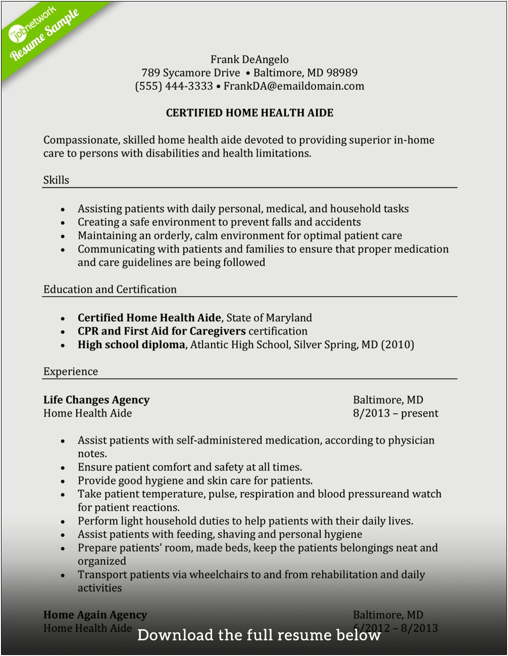 Sample Resume For Caregiver Position