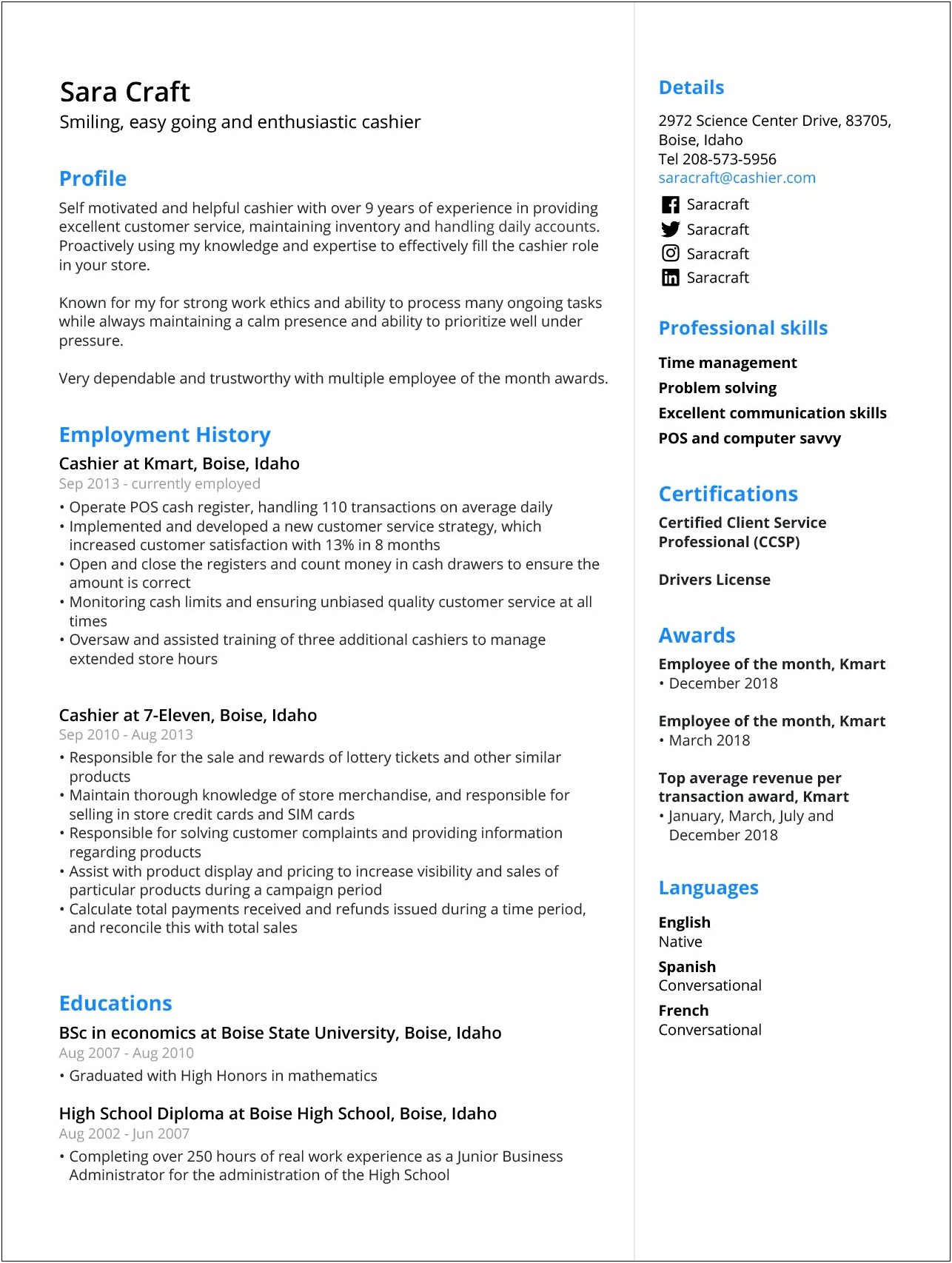 Sample Resume For Cashier Position