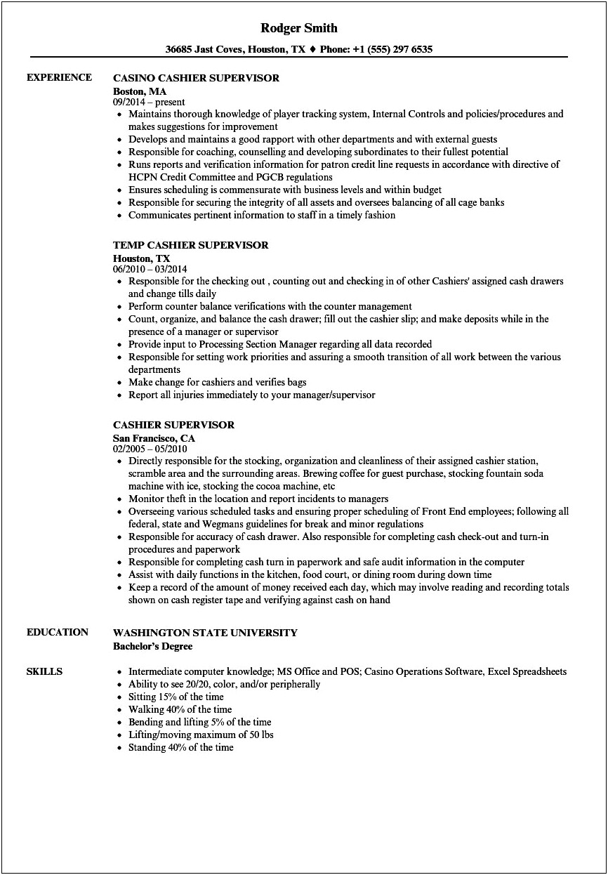 Sample Resume For Cashier Supervisor