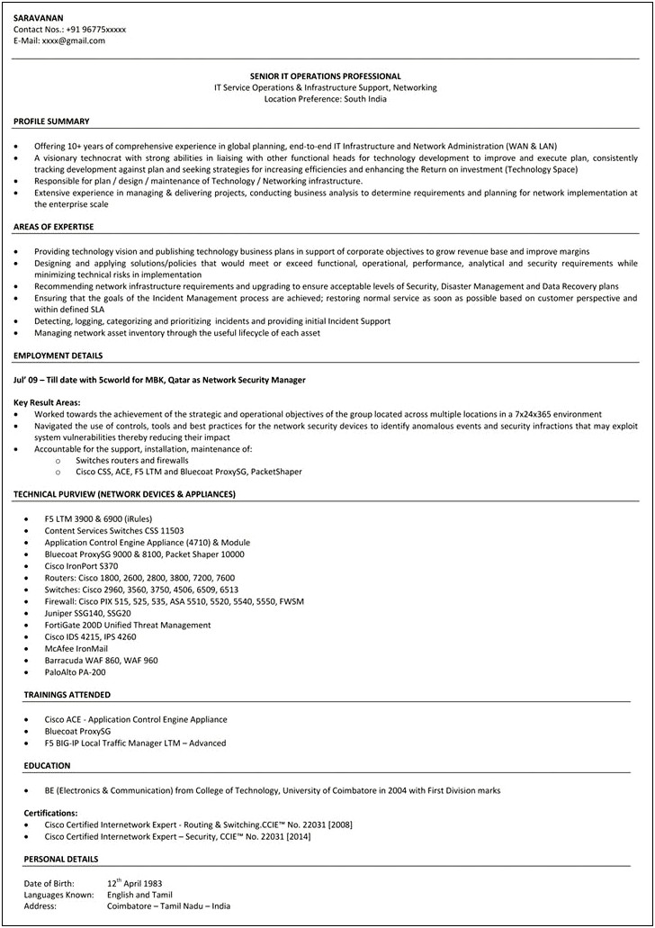 Sample Resume For Ccna Certified