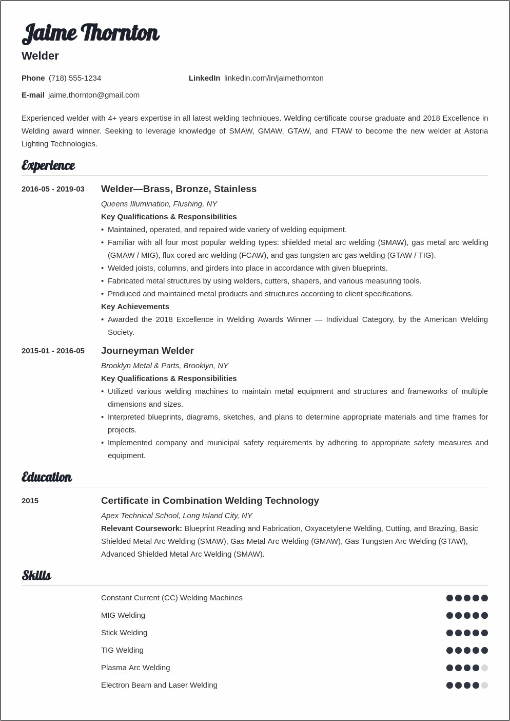 Sample Resume For Certified Welder