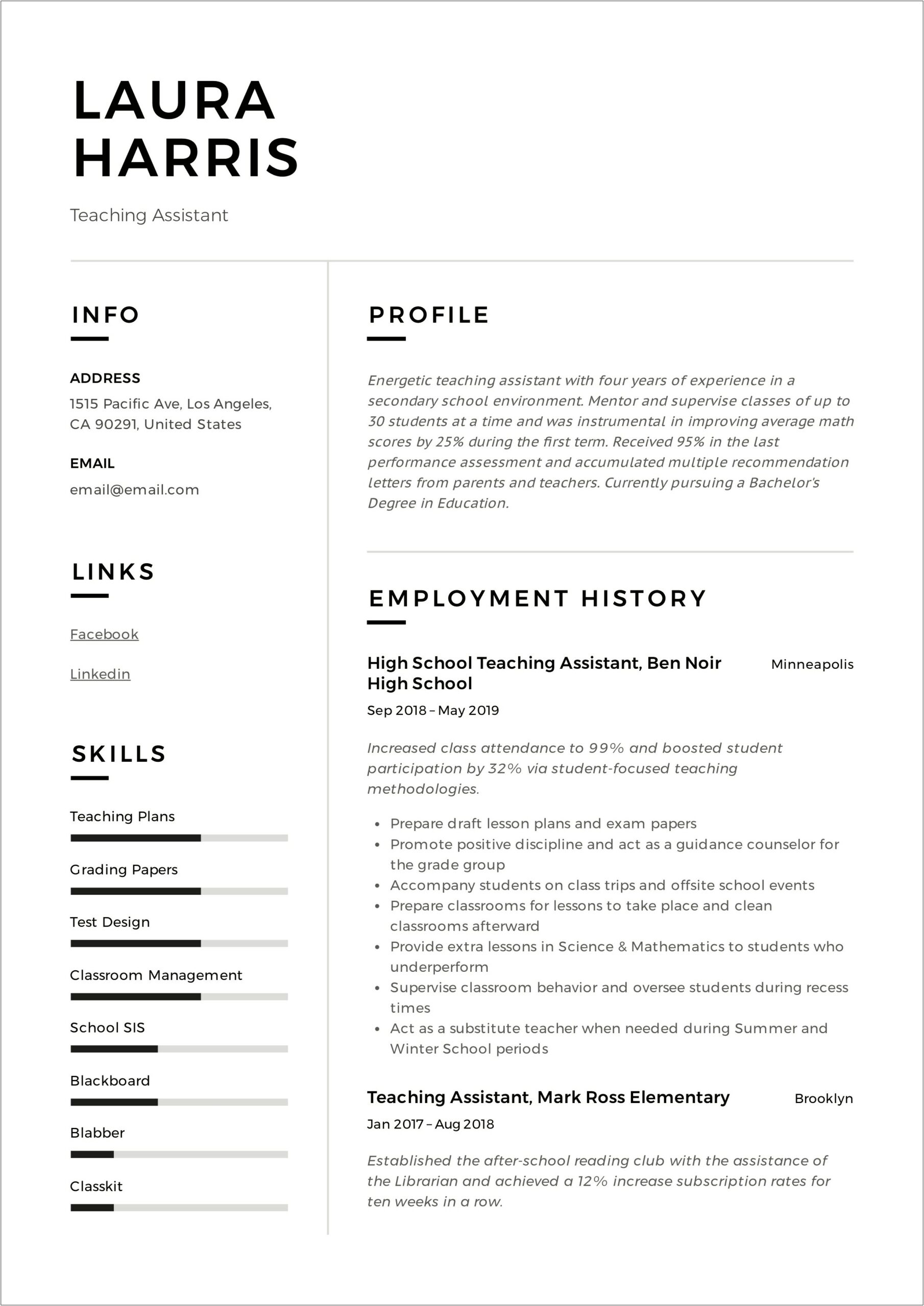 Sample Resume For Classroom Assistant