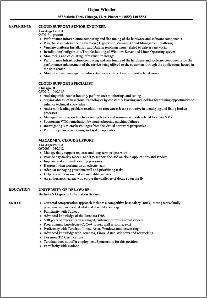 Sample Resume For Cloud Co
