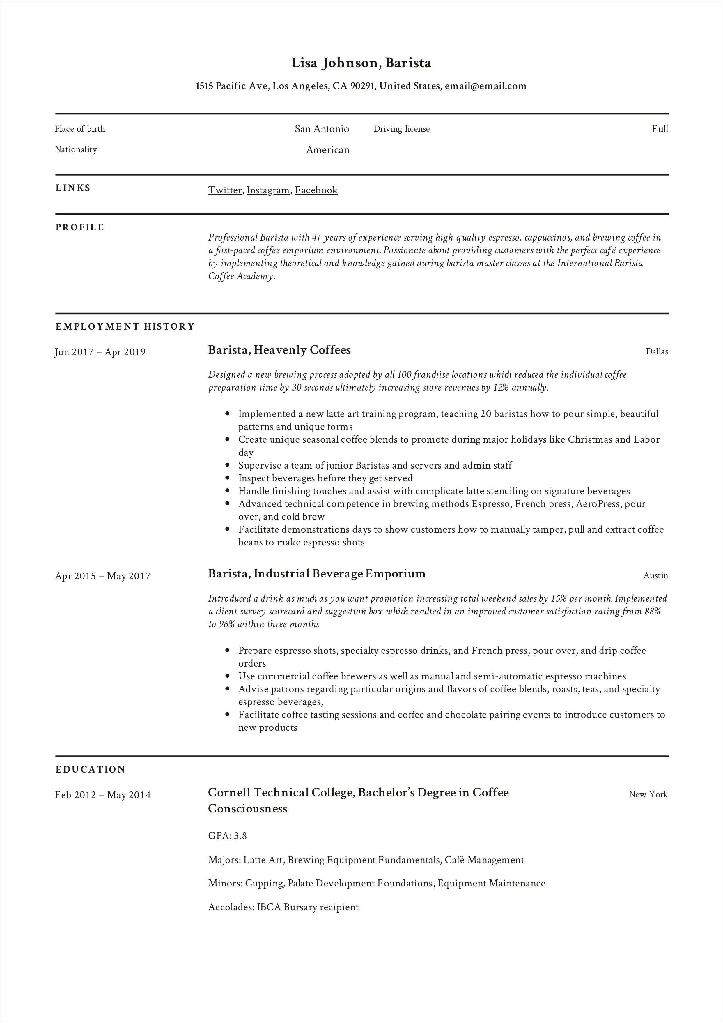 Sample Resume For Coffee Shop