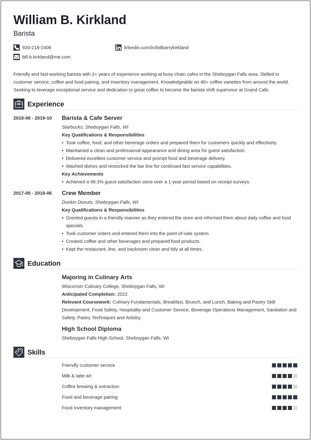 Sample Resume For Coffee Shops