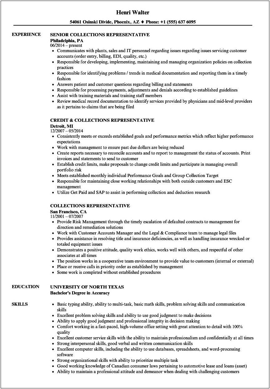 Sample Resume For Collections Representative