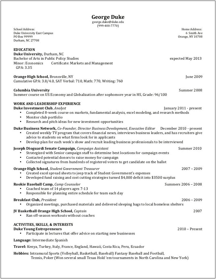 Sample Resume For College Sophomore