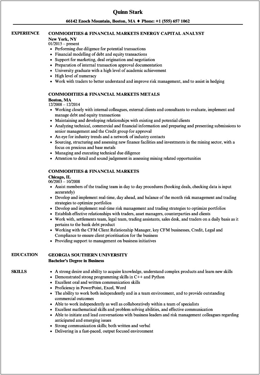 Sample Resume For Commoditty Broker