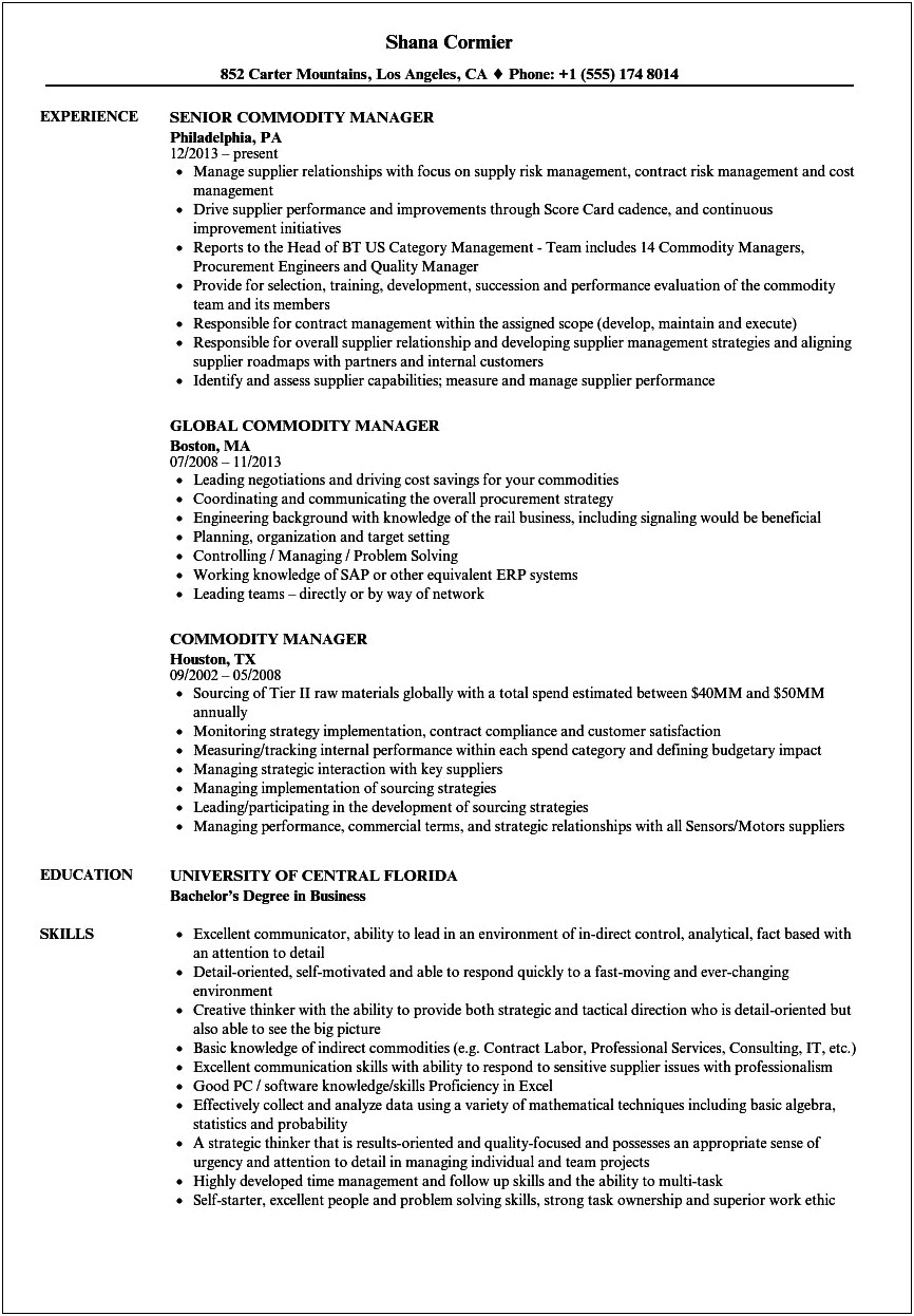 Sample Resume For Commodity Manager