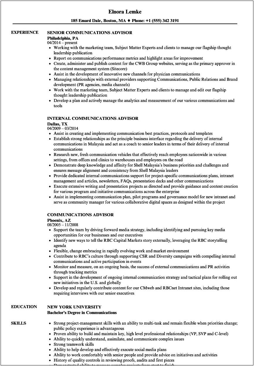 Sample Resume For Communications Consultant