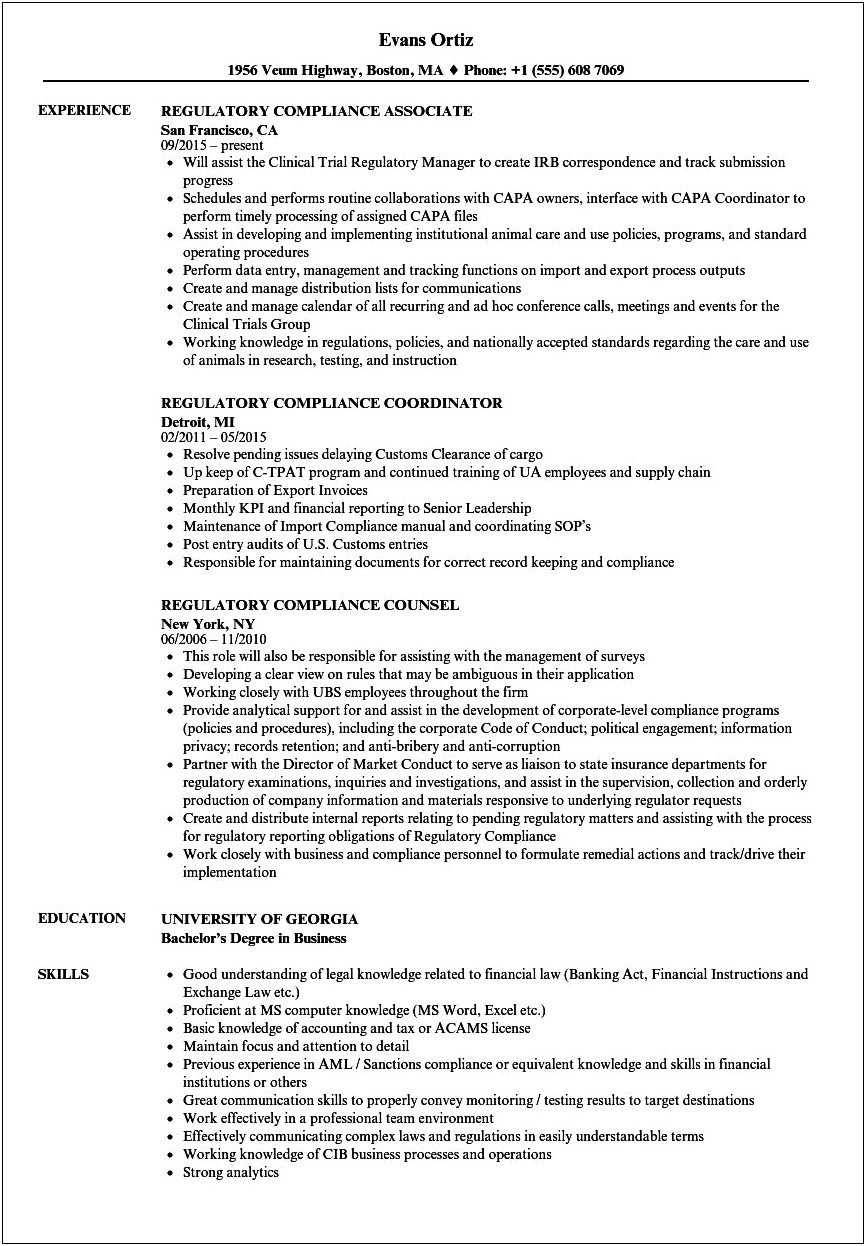 Sample Resume For Compliance Executive