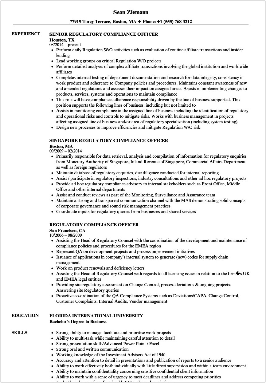 Sample Resume For Compliance Specialist