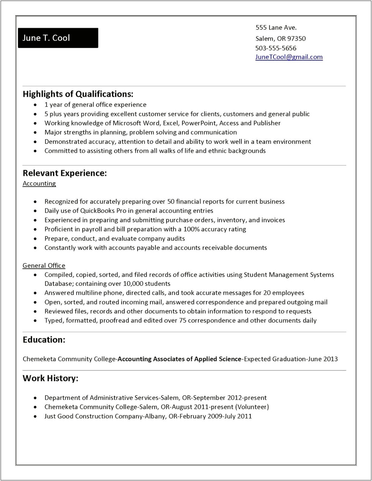 Sample Resume For Construction Bookkeeper