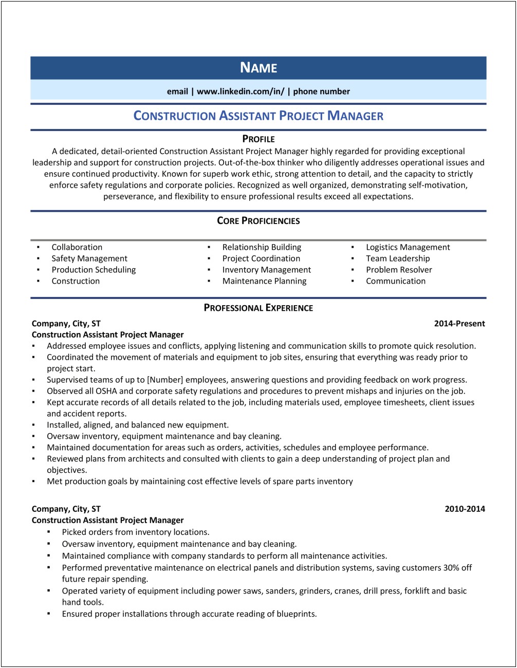 Sample Resume For Construction Company