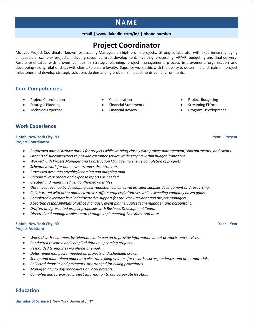Sample Resume For Construction Coordinator