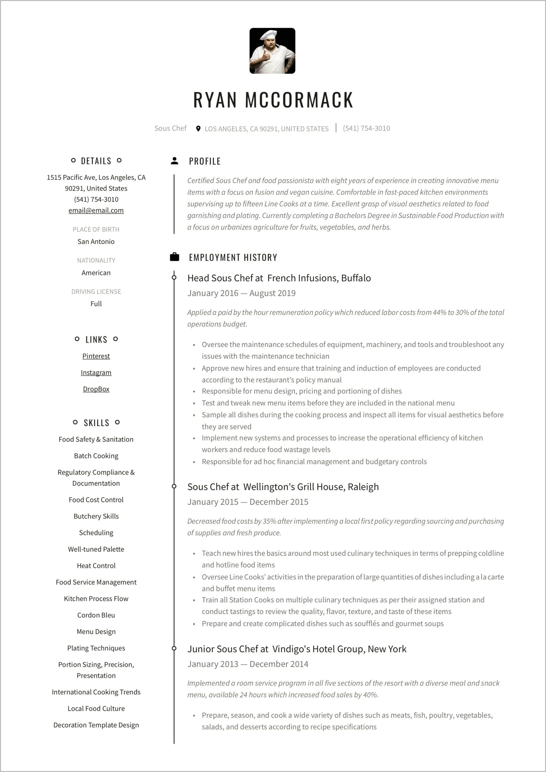 Sample Resume For Continental Chef