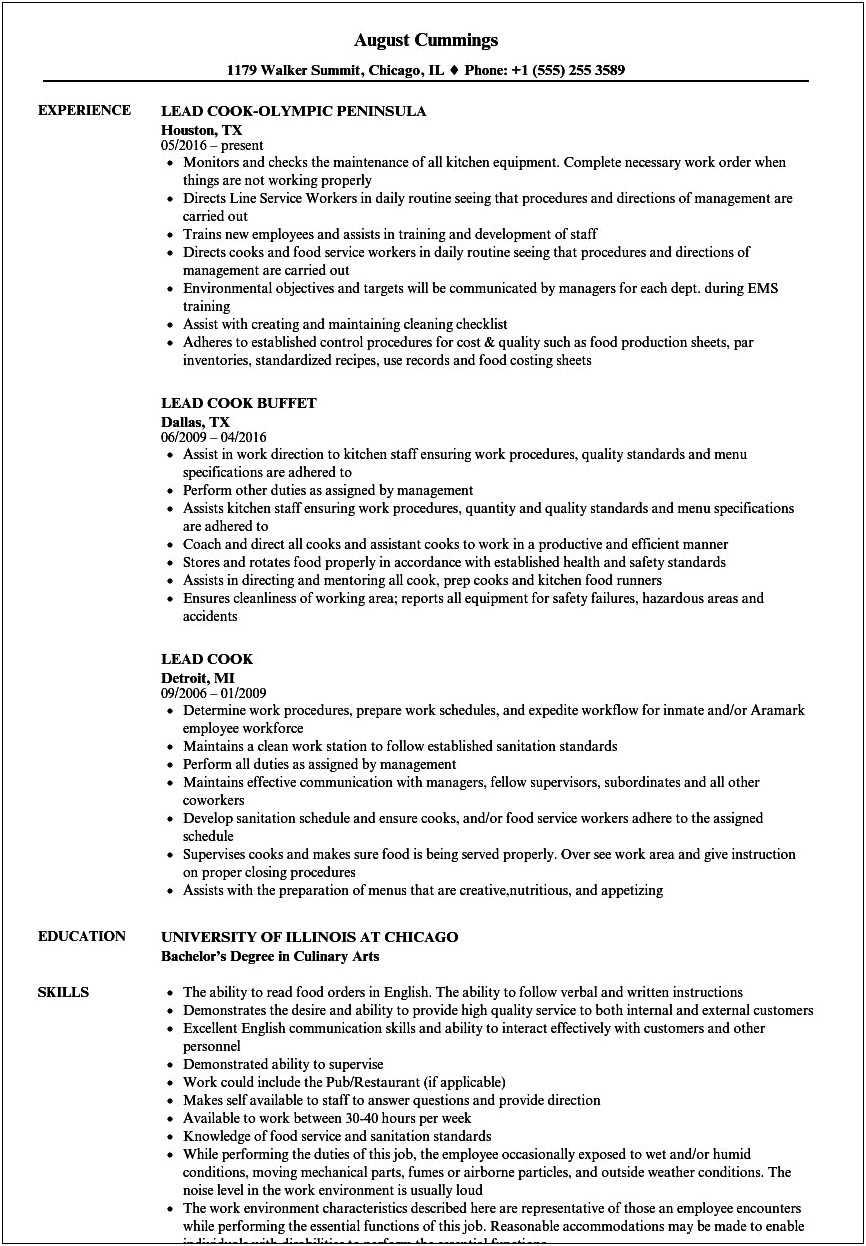 Sample Resume For Cook Position