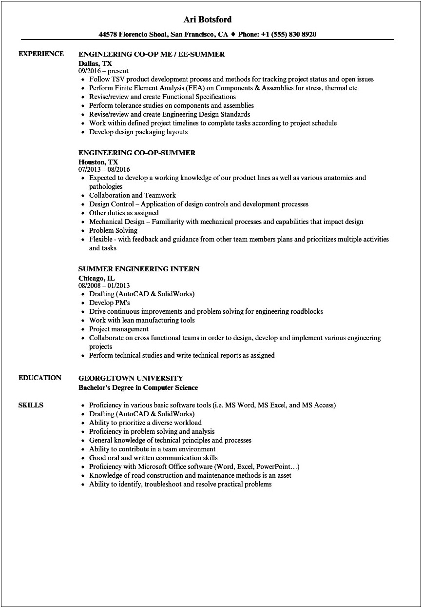 Sample Resume For Coop Position
