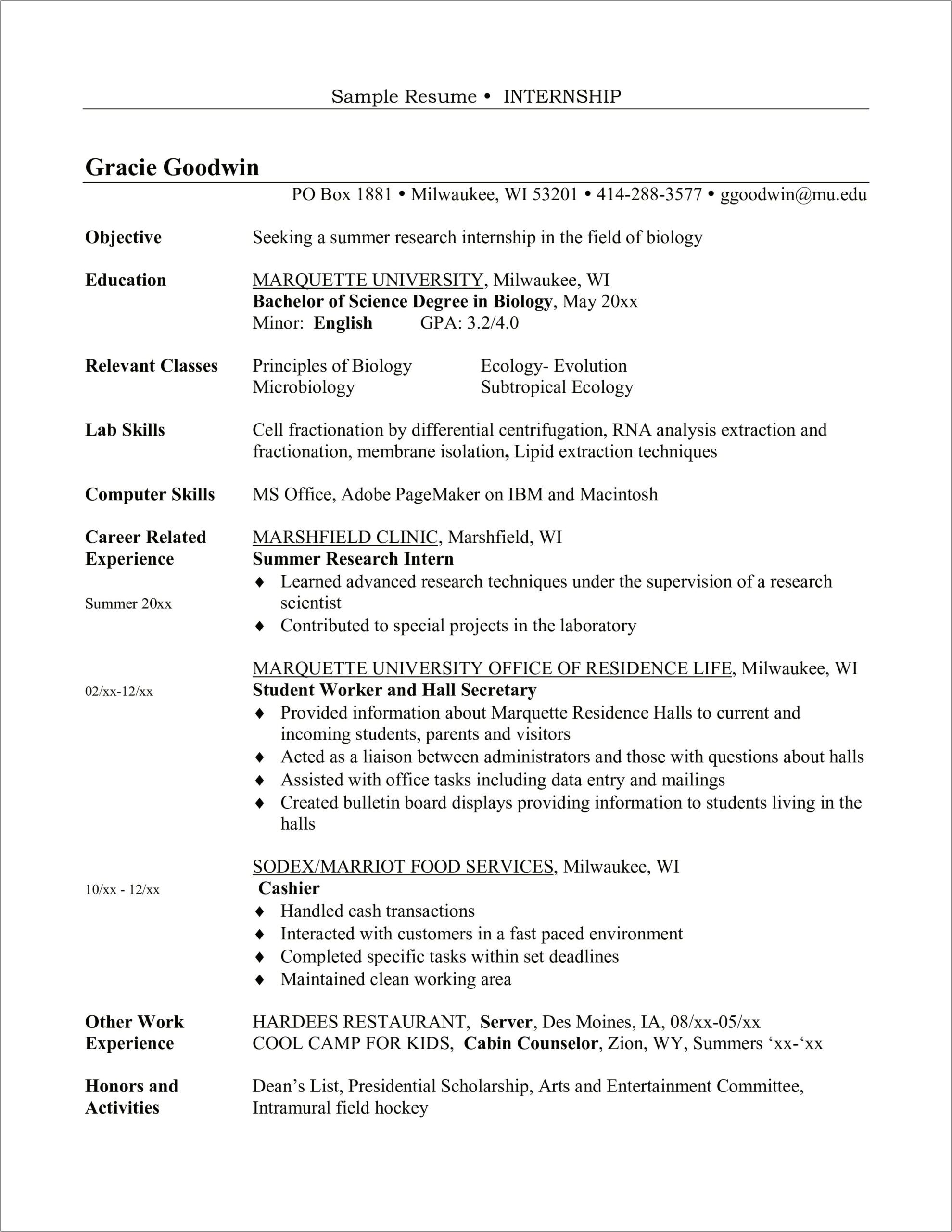 Sample Resume For Counselor Intern