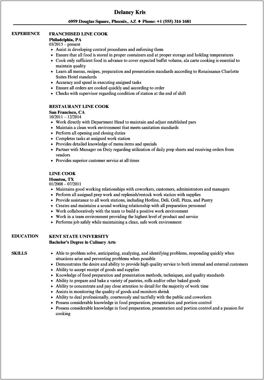 Sample Resume For Culinary Students