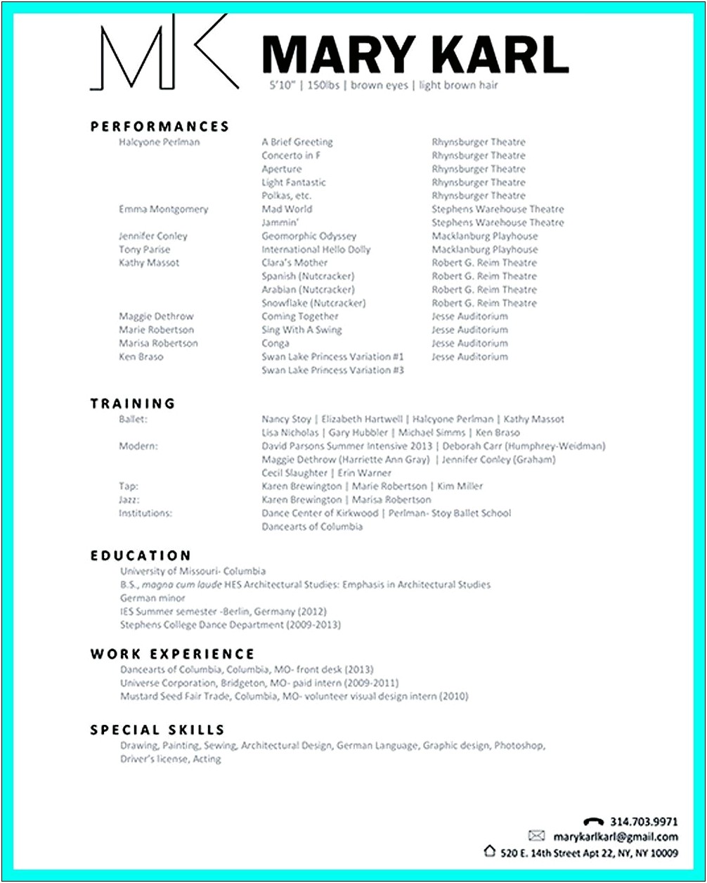 Sample Resume For Dance Audition