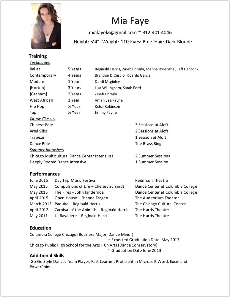 Sample Resume For Dance Team