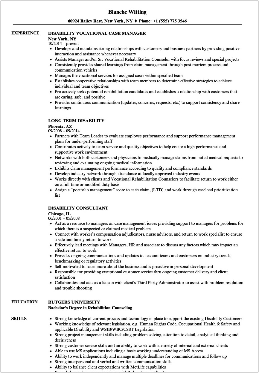 Sample Resume For Disability Specialist