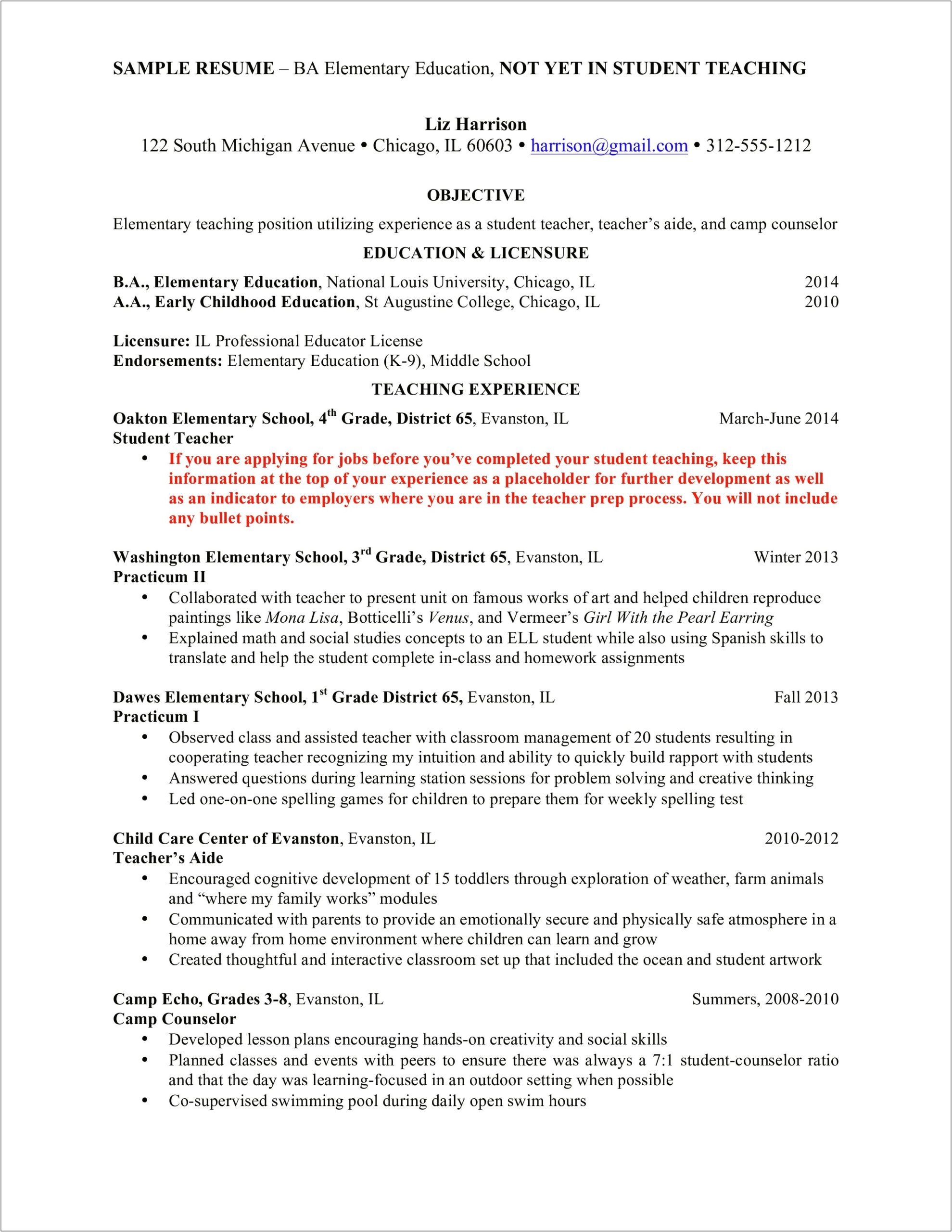Sample Resume For Early Childhood