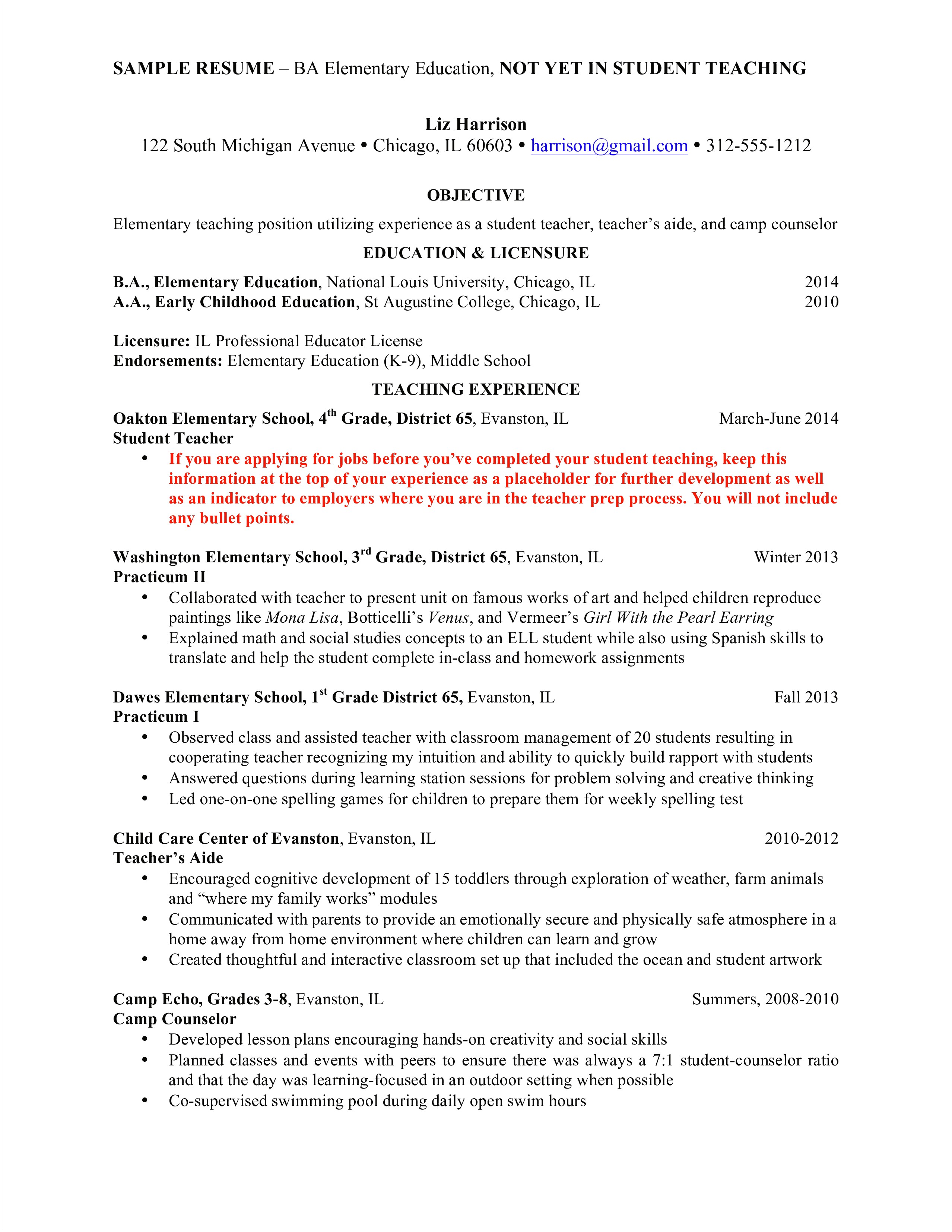 Sample Resume For Early Childhood
