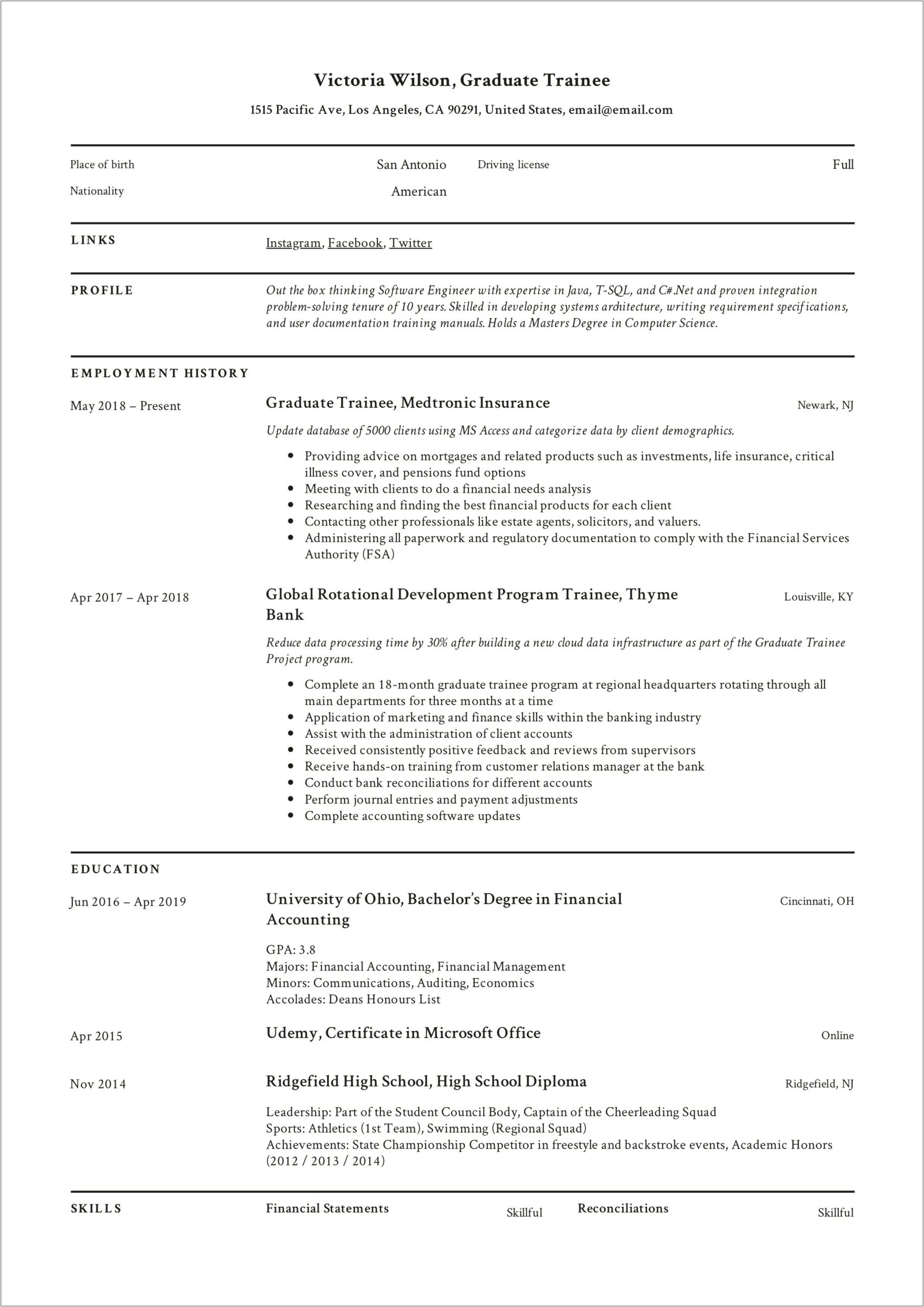 Sample Resume For Economics Graduate