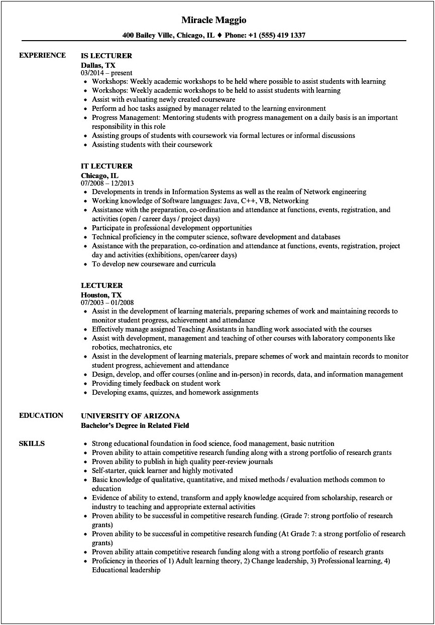 Sample Resume For Economics Lecturer