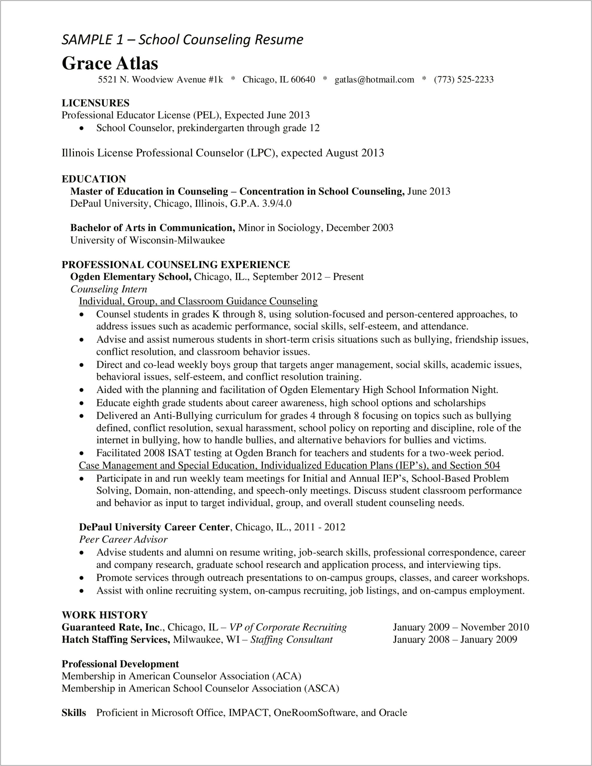 Sample Resume For Education Counselor