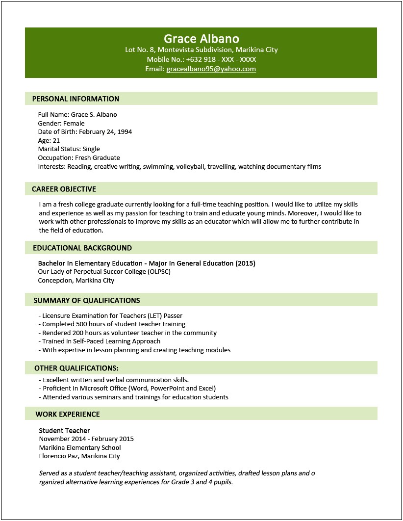 Sample Resume For Education Graduate