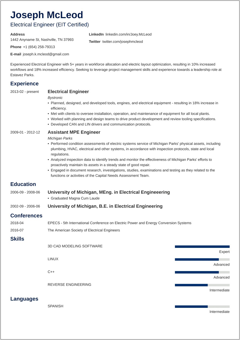Sample Resume For Ee Students