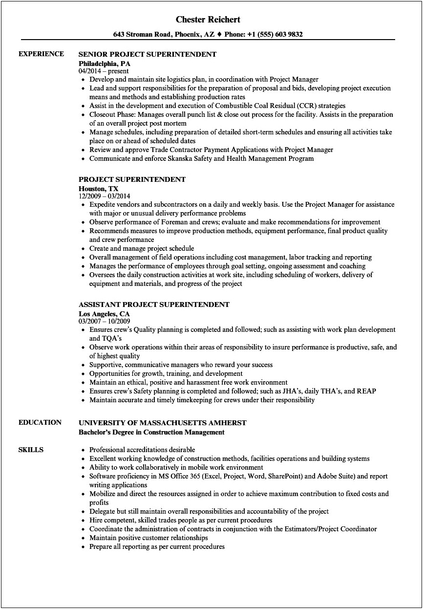 Sample Resume For Electrical Superintendent