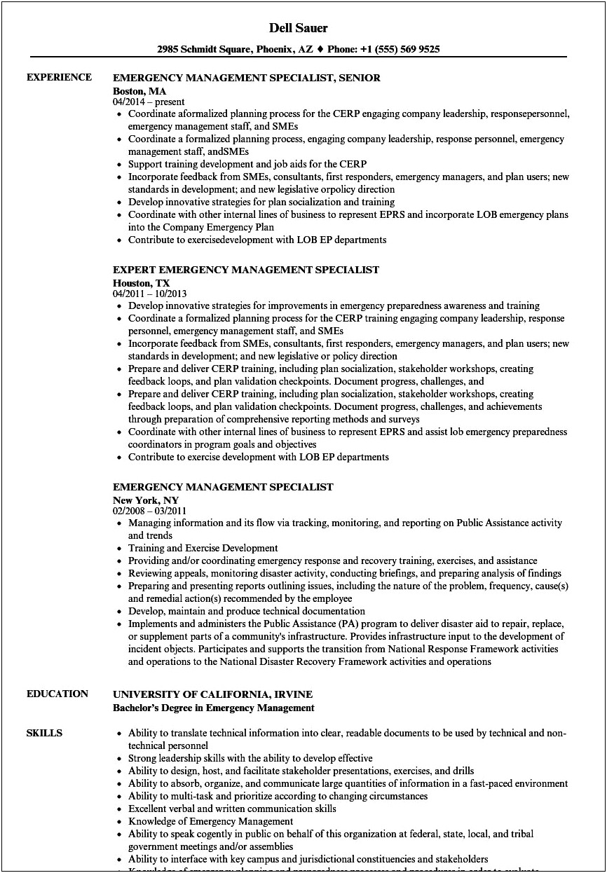 Sample Resume For Emergency Manager