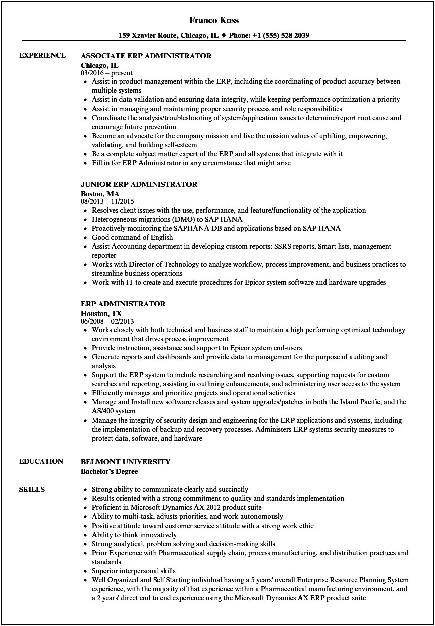 Sample Resume For Erp Manager