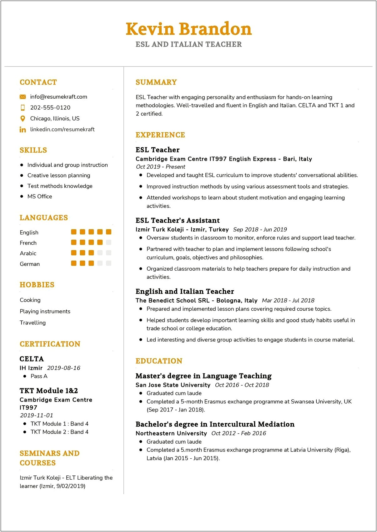 Sample Resume For Esl Students
