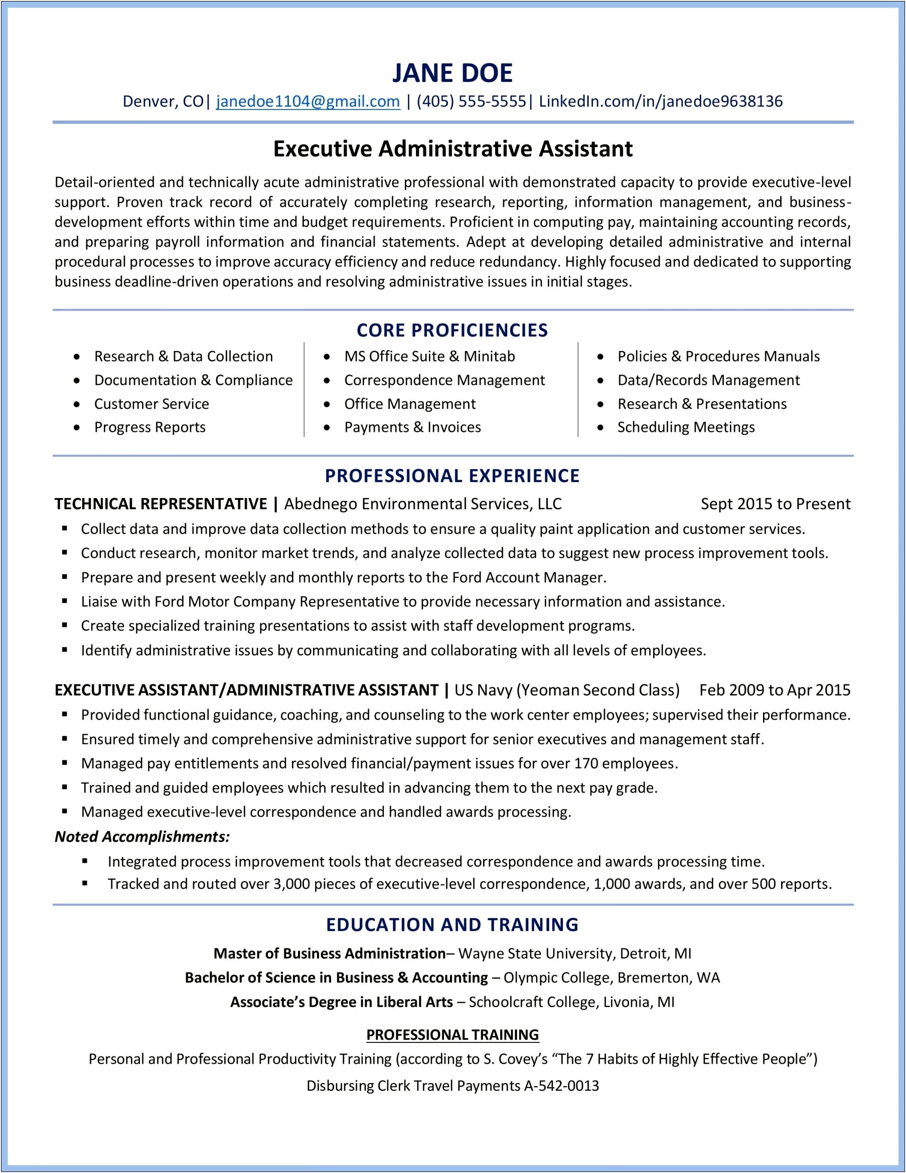 Sample Resume For Executive Administrator