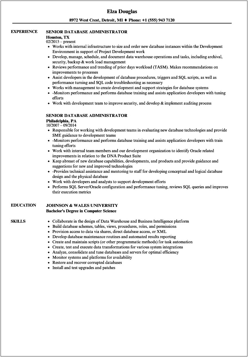 Sample Resume For Experienced Dba