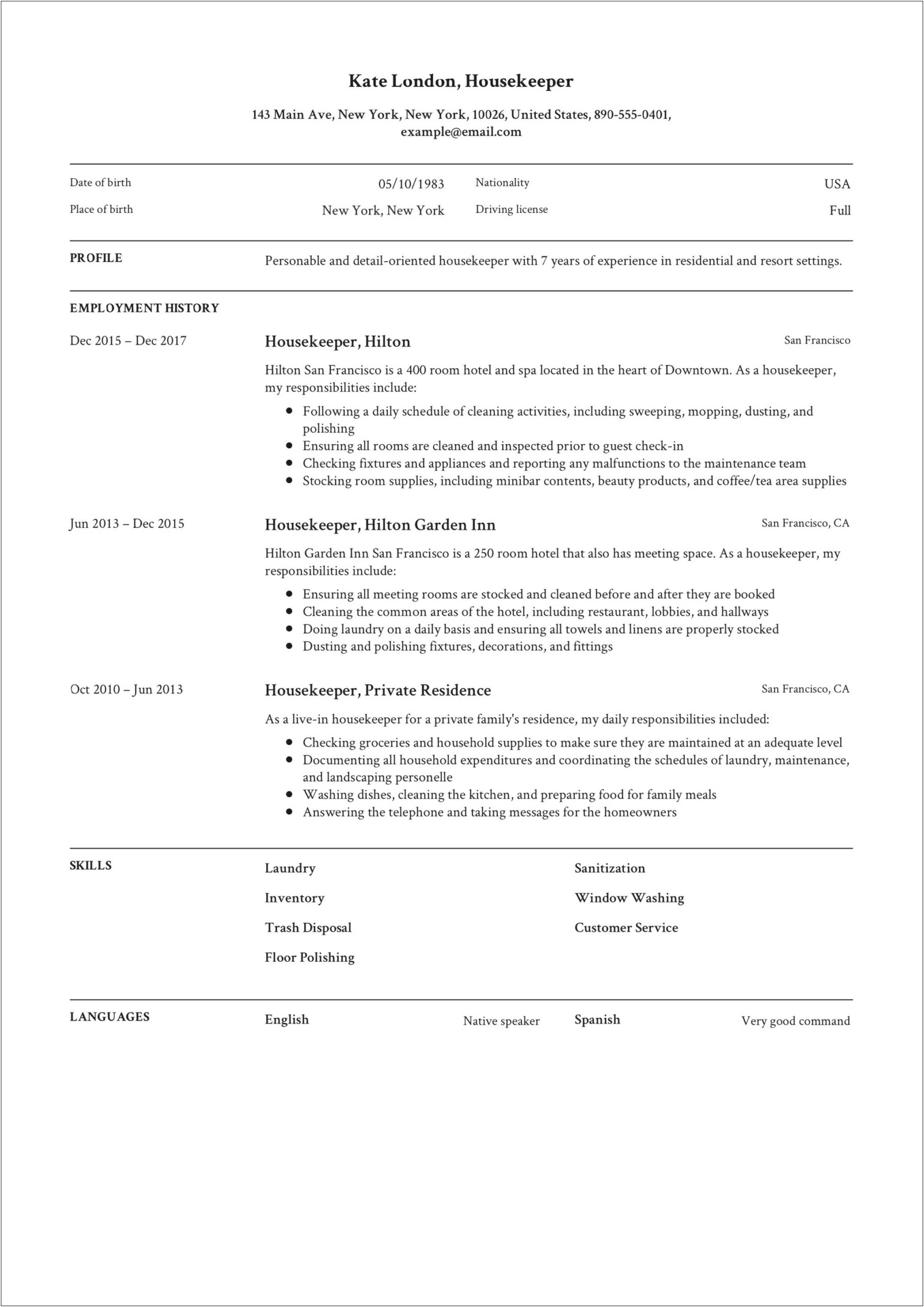 Sample Resume For Experienced Housekeeper